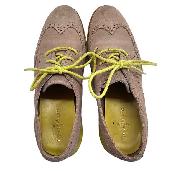 Cole Haan Shoes Womens Size 5.5 Tan Wingtip Oxford Suede Lace Up Chartreuse - Picture 8 of 15